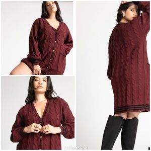 Cable Knit Burgundy Cardigan Sweater